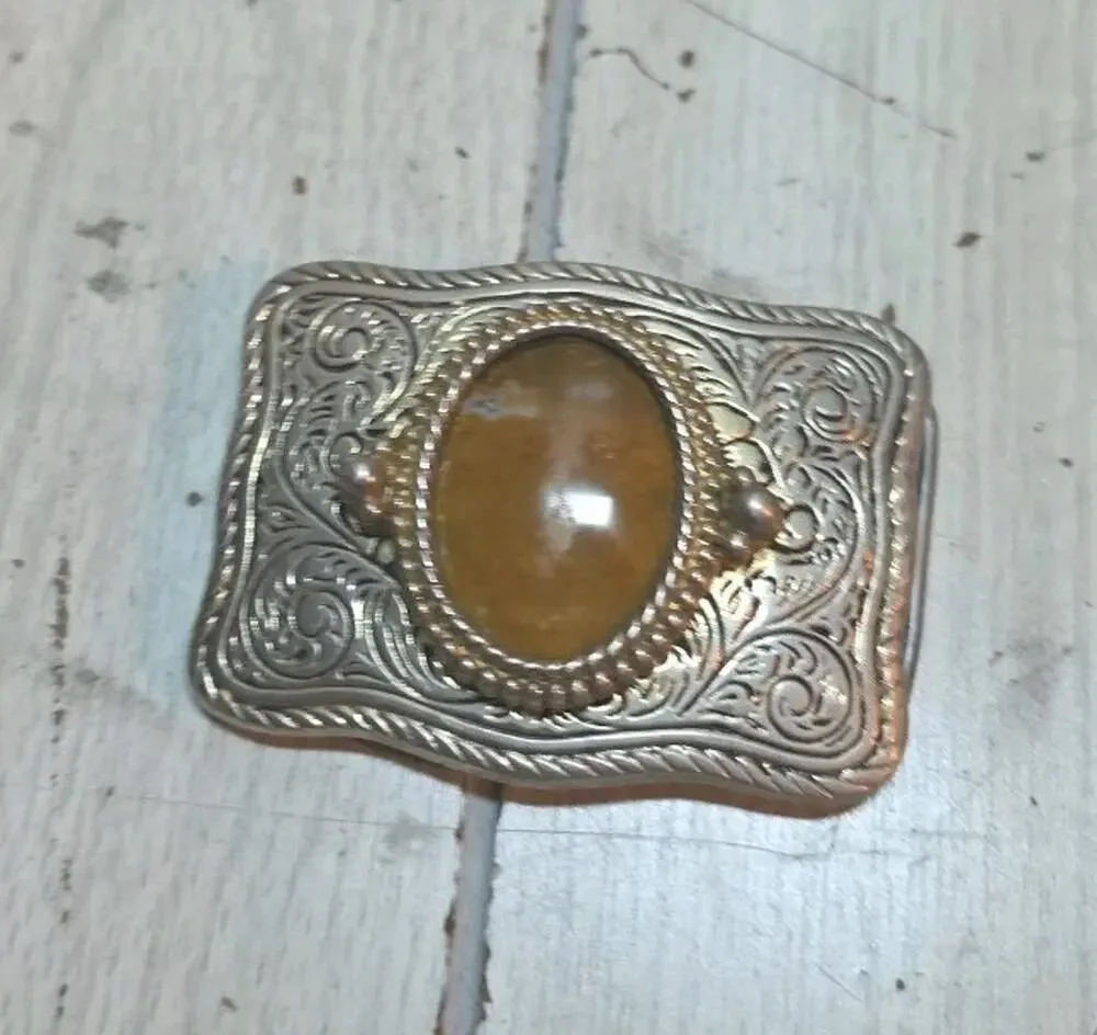 Vtg Brown Natural Stone Western Belt Buckle Etched USA Made Cowgirl Ornate